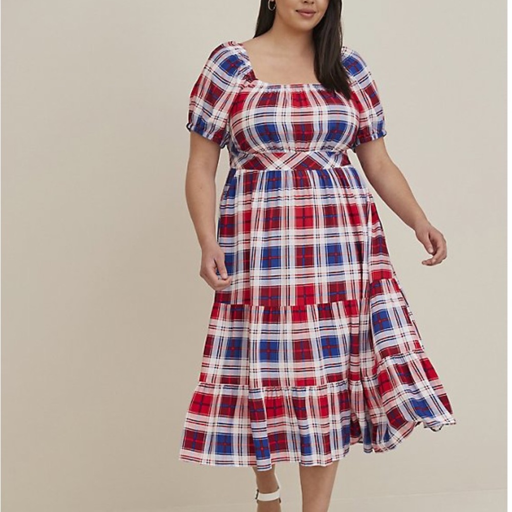 BNWT Torrid PUFF SLEEVE TIERED MAXI DRESS - CHALLIS PLAID RED & BLUE